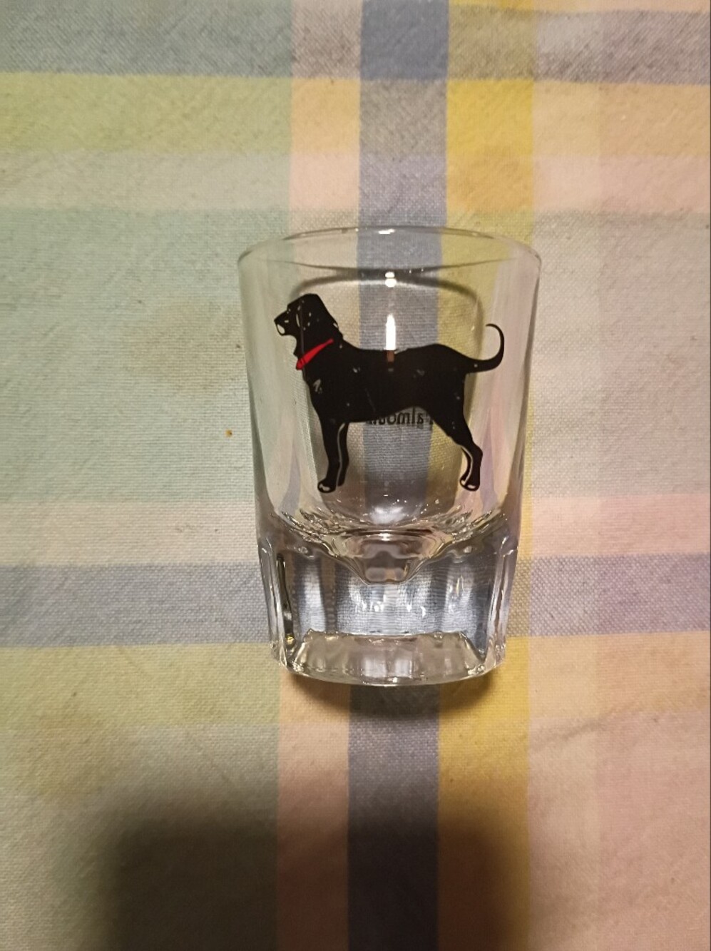 Clear Glass Shot Glass Black Dog Graphic and Red Collar
